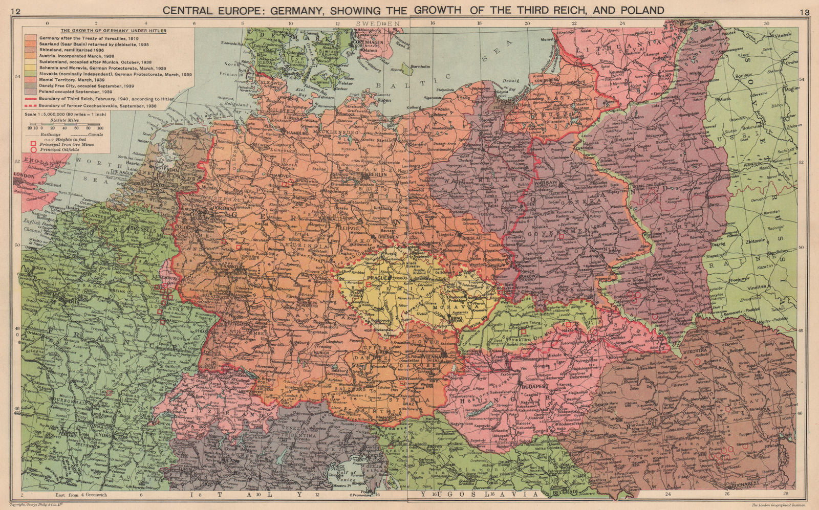 NAZI GERMANY.Growth of the Third Reich. Occupied Poland Sudetenland &c 1940 map